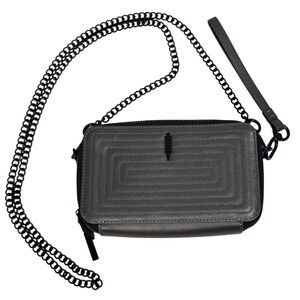 NWOT Thacker‎ Womens Wallet on Black Chain Crossbody Leather Quilted Gray Zip